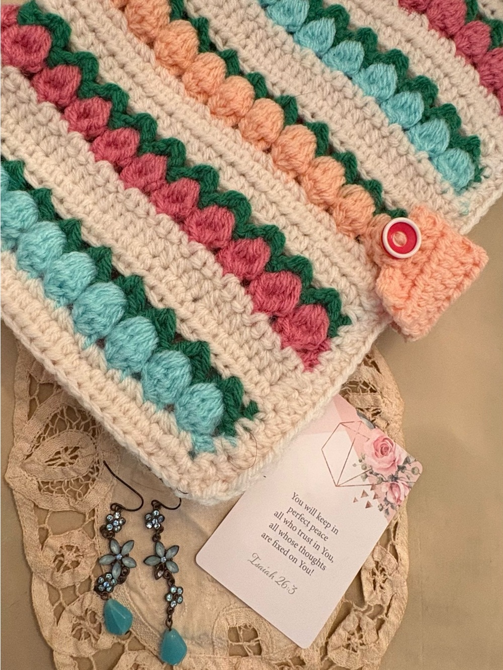 Hand-Crocheted Striped Bible or journal cover in feminine pastel colors.